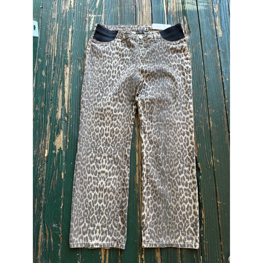 Haute Mama Maternity Straight Leg Jeans Leopard Animal Print Elastic Panel L